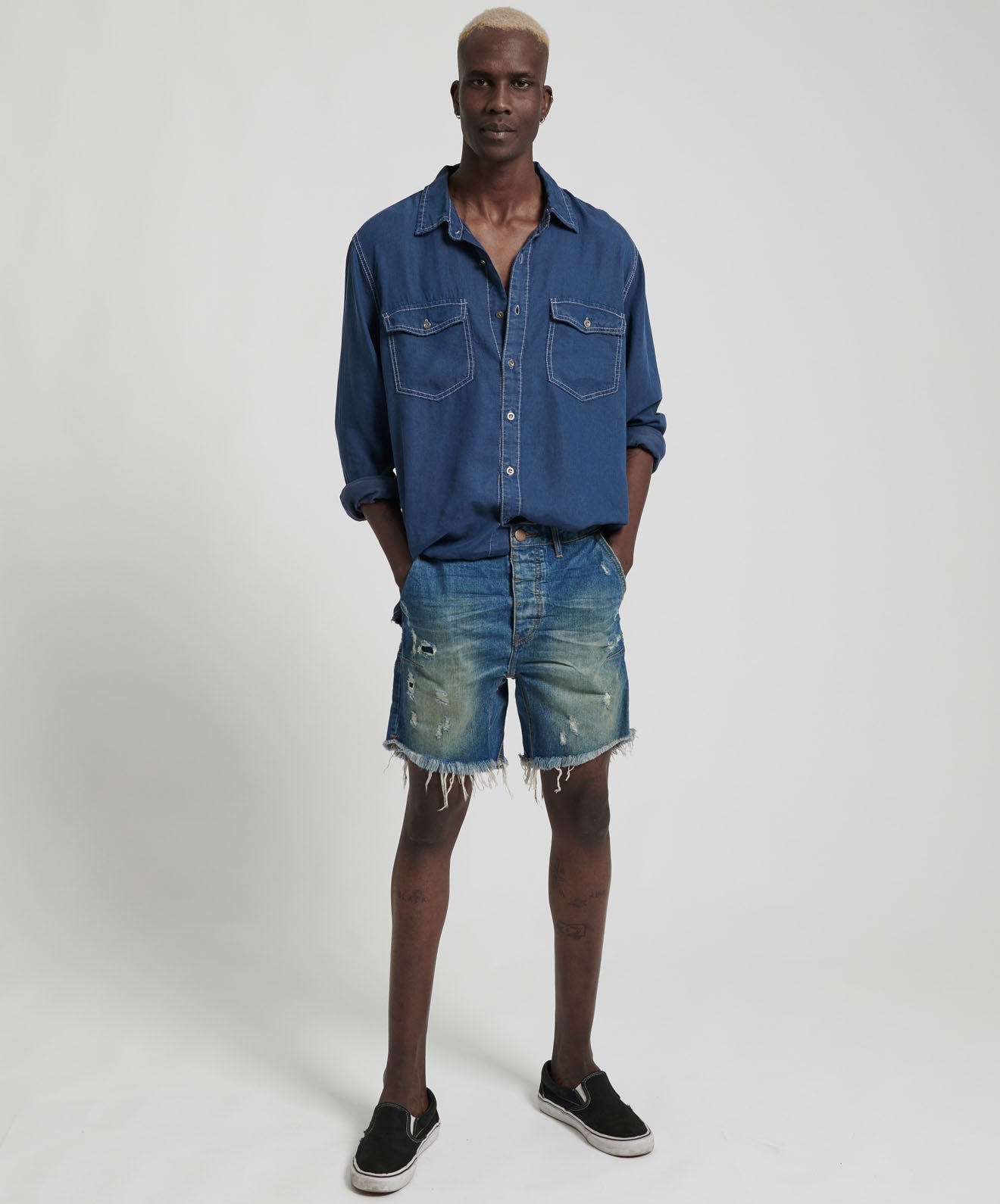 Man deals x One Teaspoon Mr Pinks Raw Blue Distressed Denim Shorts