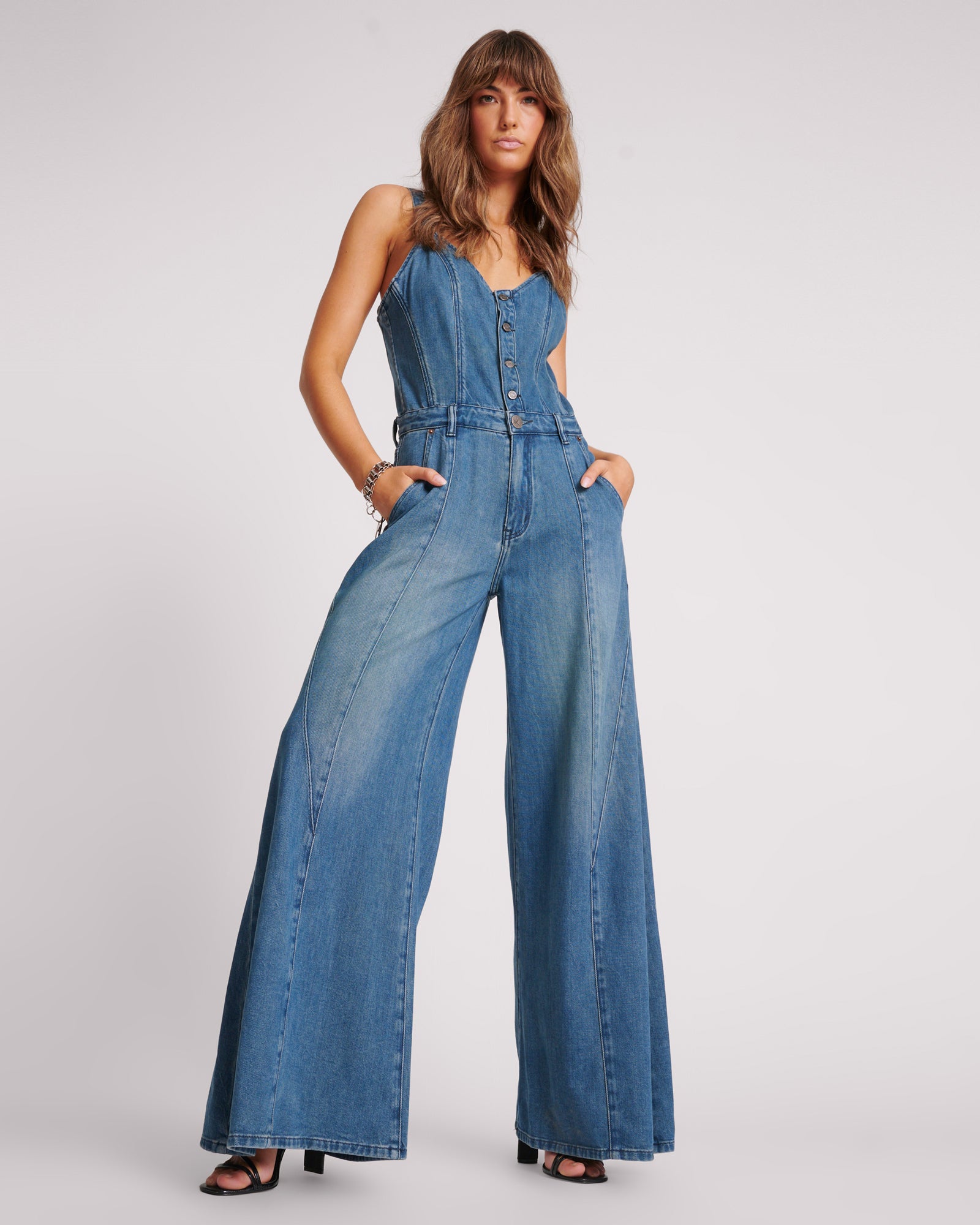 Freida Fit N Flare Denim Jumpsuit Gritty Blue