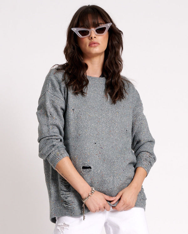 Distressed Fisherman Knit Sweater - Grey