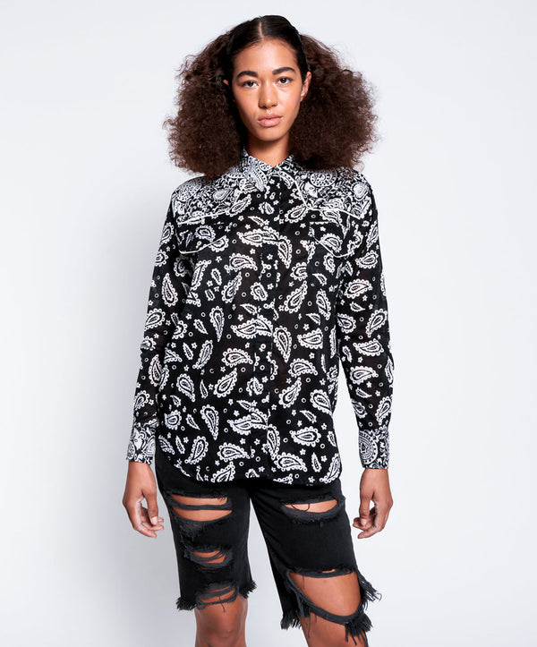 Hand Batik Paisley Western Shirt - Black