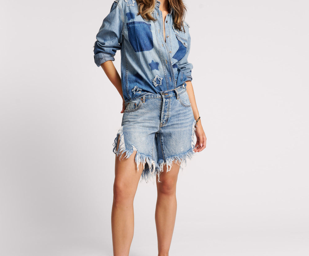 Frankies Low Waist Long Length Denim Shorts - Hollywood