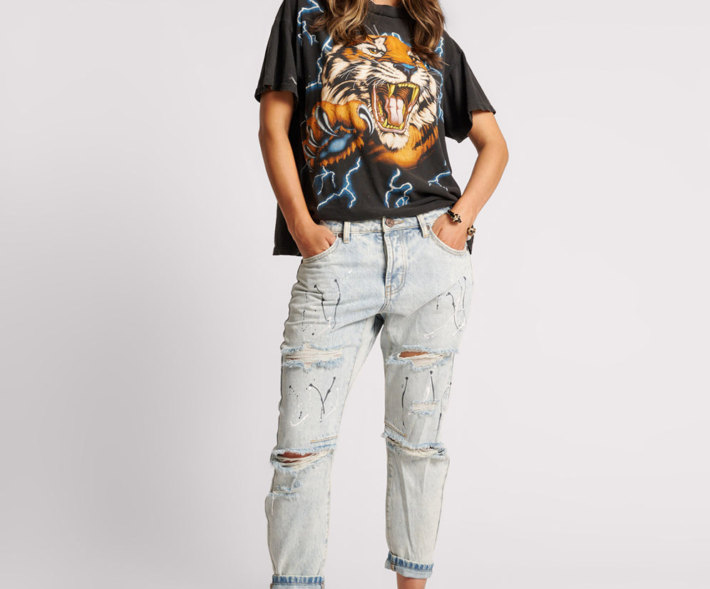 Saints Low Waist Boyfriend Denim Jeans - Florence Painted