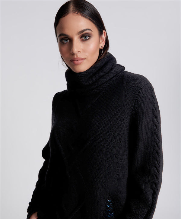 Laddered Roll Neck Sweater - Black