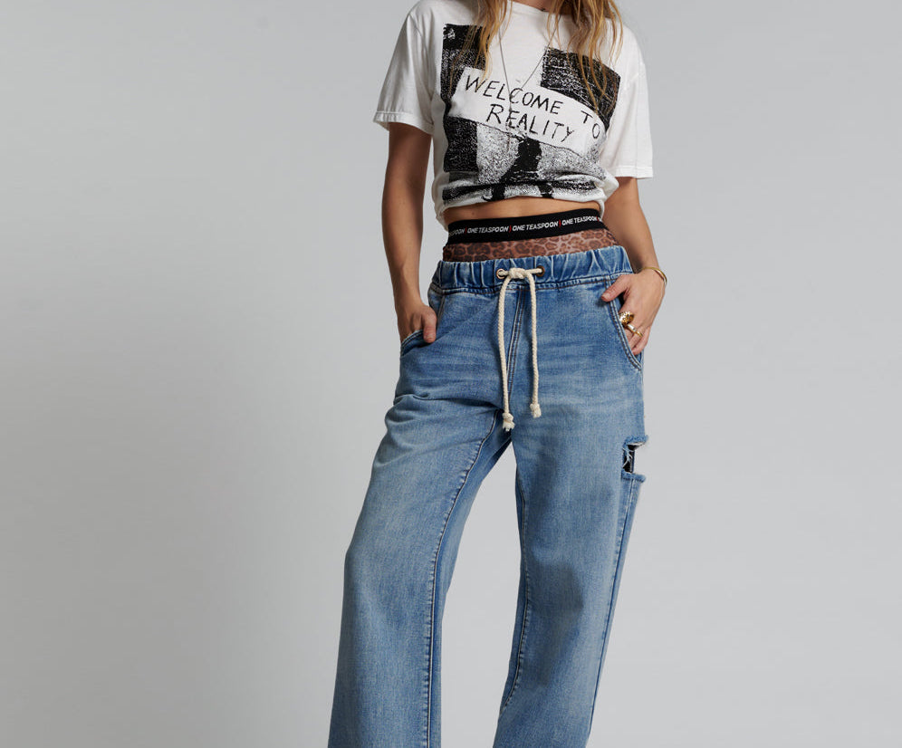 Drawstring Waistband Side Button Skinny Cropped Jeans Washed