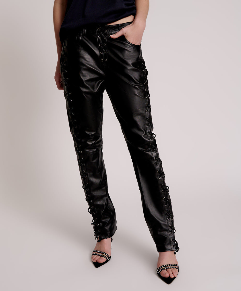 Black leather pants with fashion lace up sides