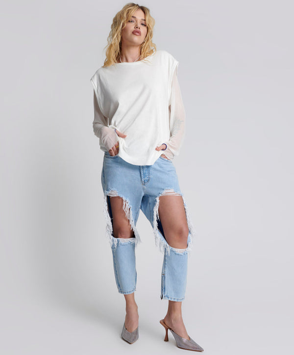 Kingpins Low Waist Cropped Boyfriend Denim Jeans - Blue Latte