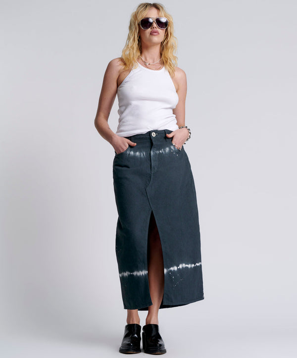 Rocko Mid Waist Long Length Denim Skirt - Black Magic