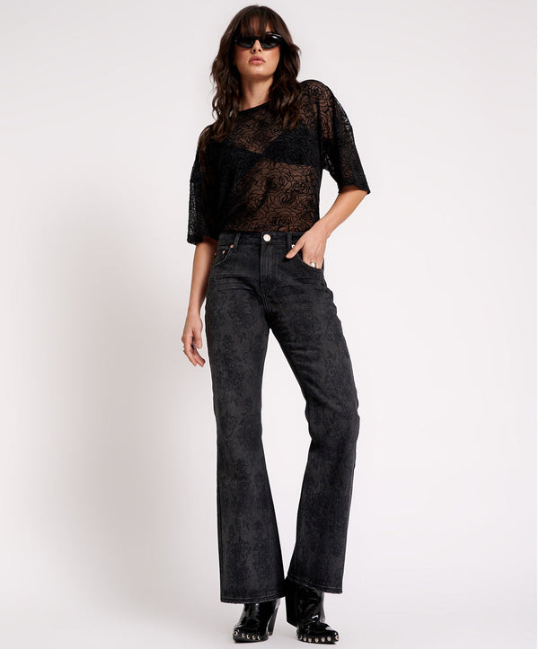 Charlie High Waist Slim Flared Denim Jeans - Black Lace