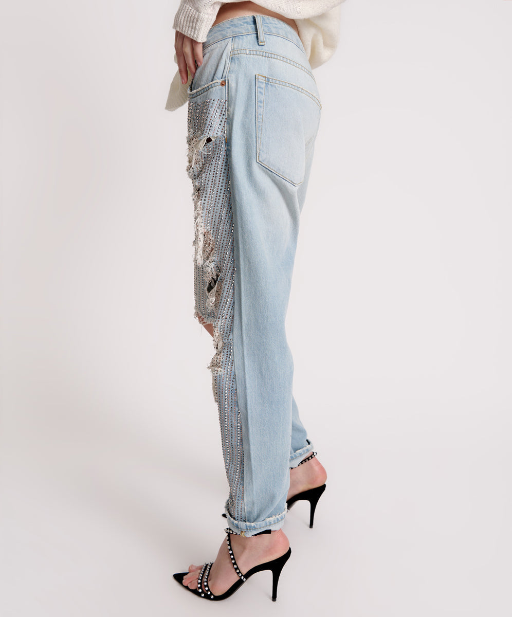 ANGEL DUST SEQUINED TRASHED SAINTS BOYFRIEND JEANS