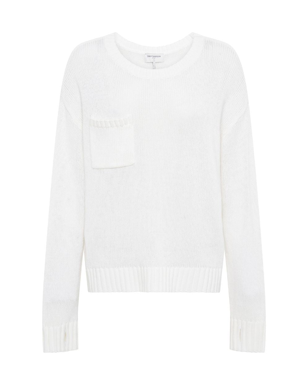 White sweater with clearance pockets