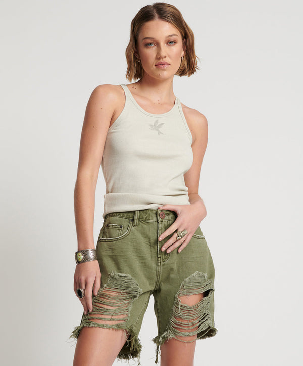 Stevies High Waist Long Length Boyfriend Denim Shorts - St Khaki