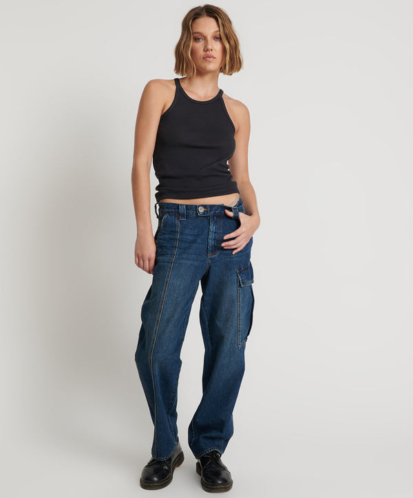 New Fiction Low Waist Wide Leg Cargo Denim Jeans - Royal Blue