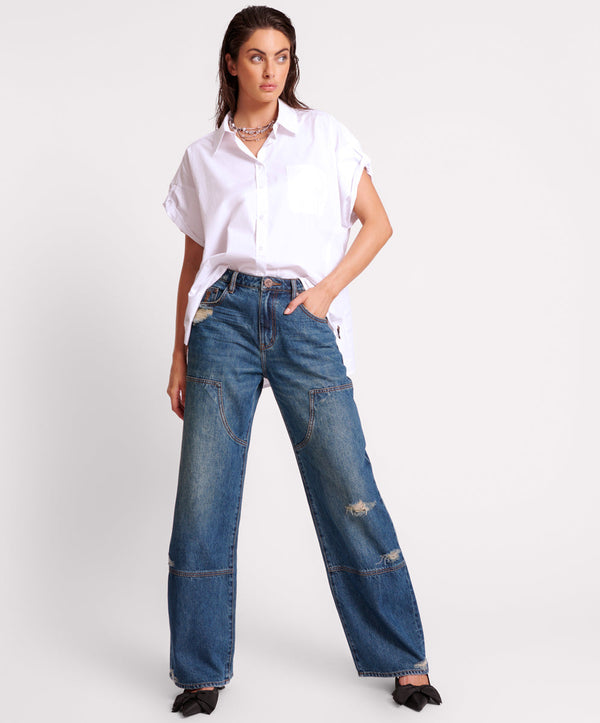 Jackson Mid Waist Wide Leg Denim Jeans - Gritty Blue