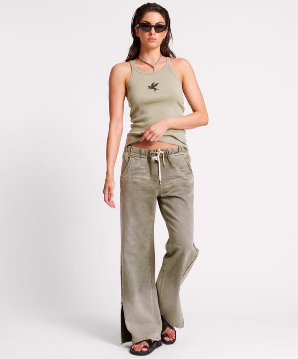 Roadhouse Wide Leg Drawstring Denim Jeans - Old Khaki