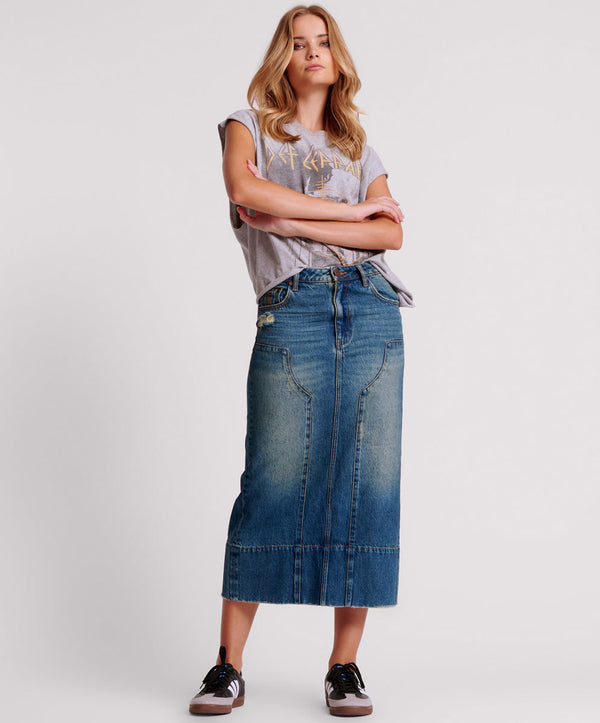 GRITTY BLUE CASSIDY MID WAIST LONG DENIM COLUMN SKIRT