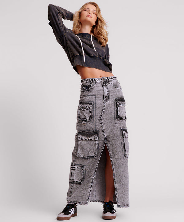 90S Cargo Pocket Column Denim Skirt - Slate Acid