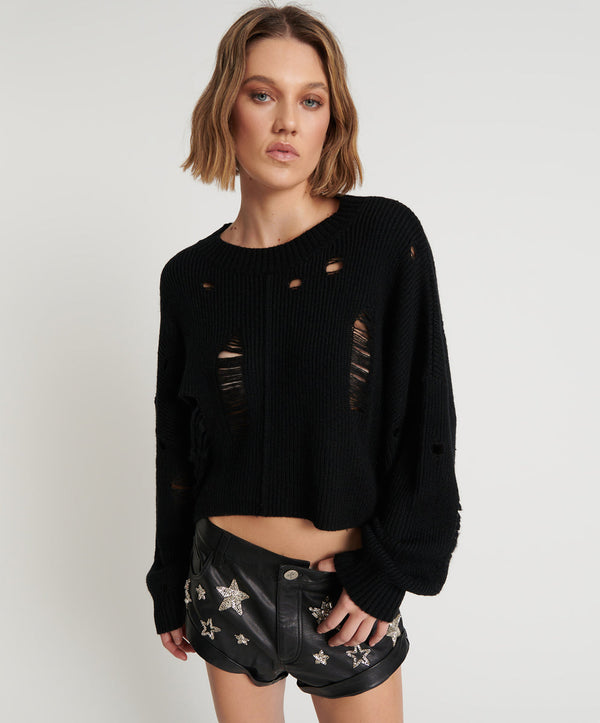 Cropped Hercules Shredded Sweater - Black