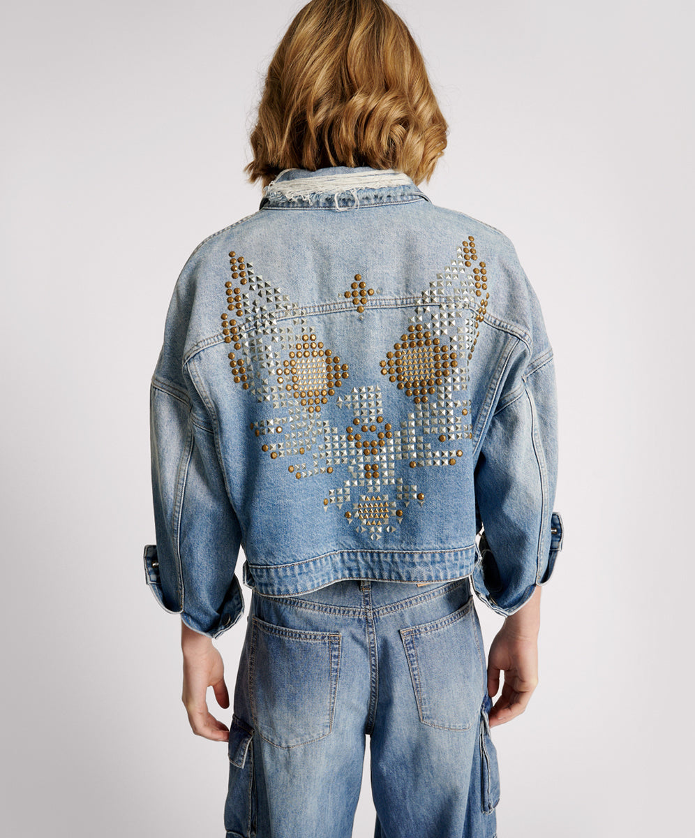 Studded Cropped Denim Jacket Faded Blue