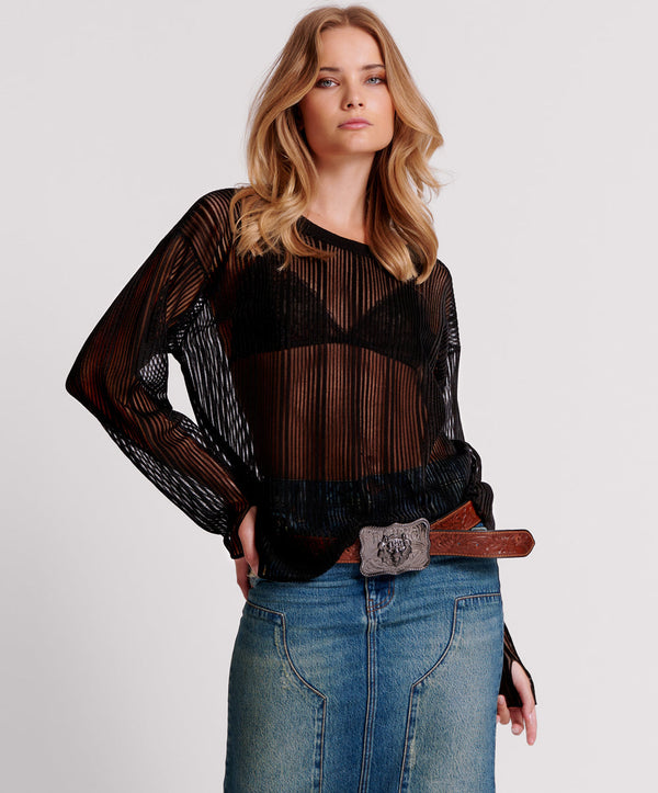 BLACK LADDER STRIPE SHEER KNIT SWEATER