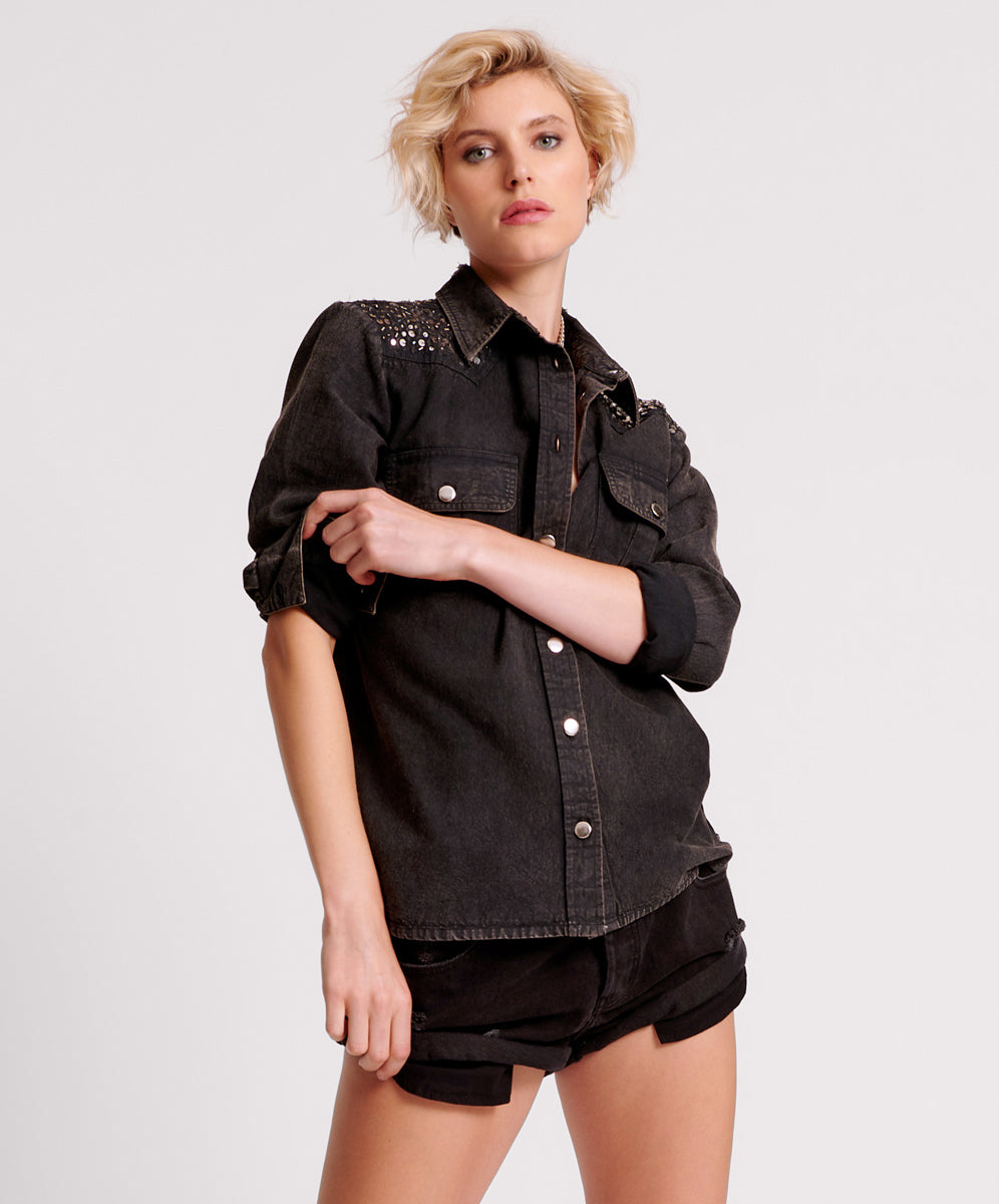 Embellished denim shirt best sale