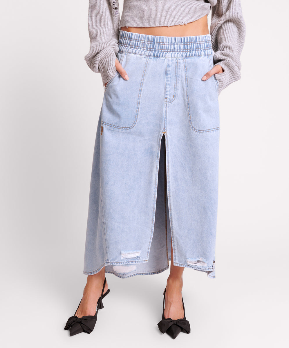 Shabby Mid Waist Long Length Denim Skirt Blue Latte