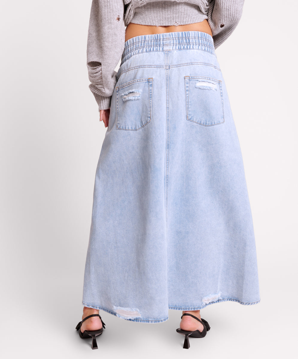 Women Denim Skirt Pleated Jeans Dress Long Midi Casual High Waist Flare  Retro | eBay
