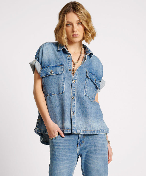 BLUE RAPTURE CUT OFF DENIM SHIRT