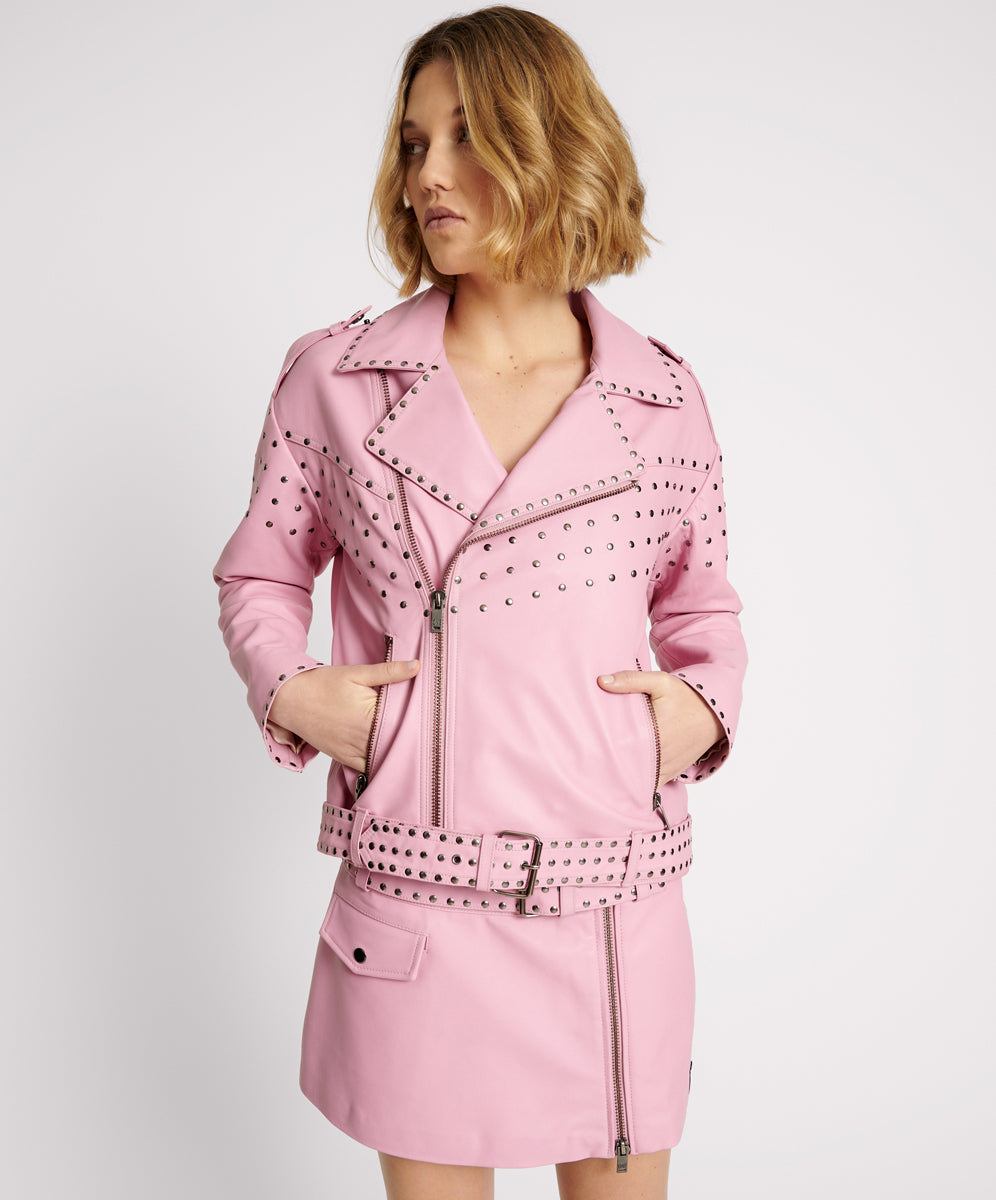 RIZZO PINK STUDDED LEATHER MOTO JACKET