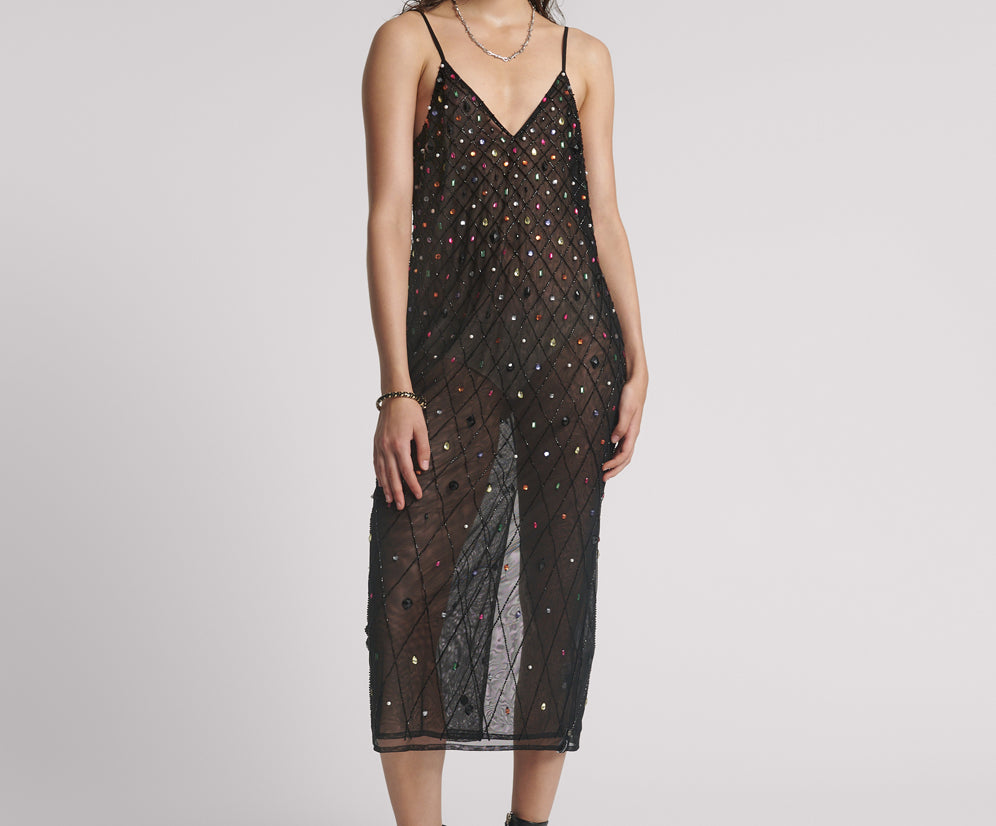 Stellar Jewel Hand Beaded Slip Mini Dress - Black