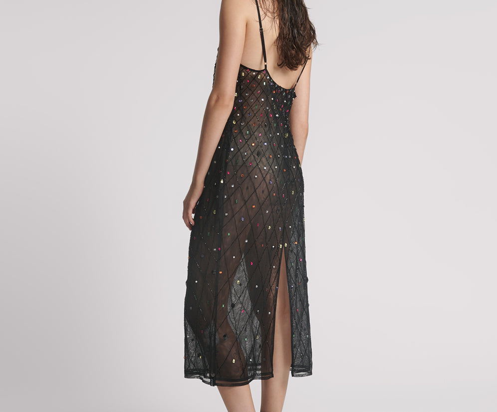 Stellar Jewel Hand Beaded Slip Mini Dress - Black