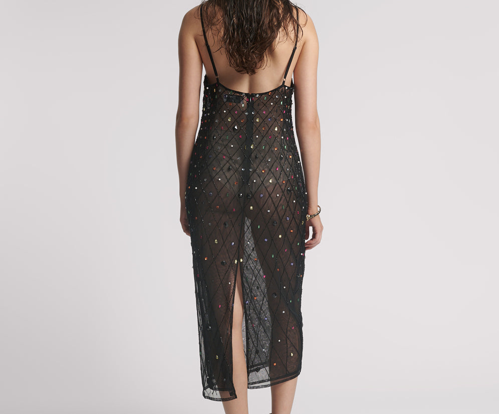 Stellar Jewel Hand Beaded Slip Mini Dress - Black