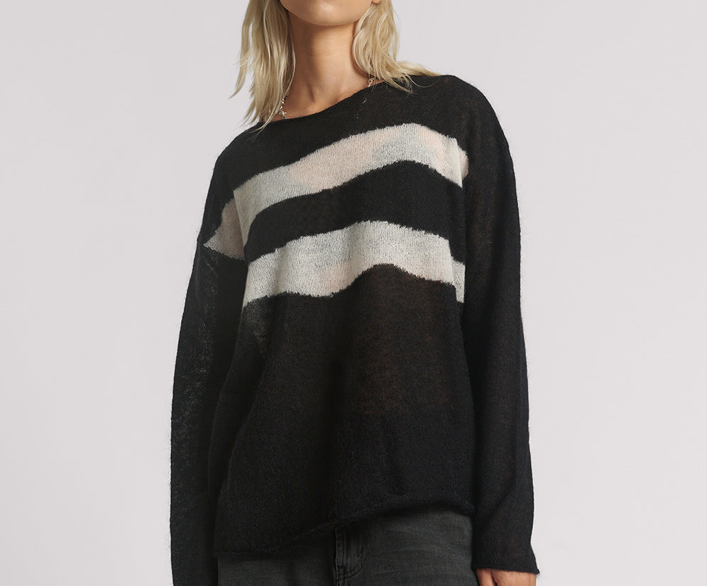 Vivianne Wide Neck Stripe Mohair Sweater - Black White