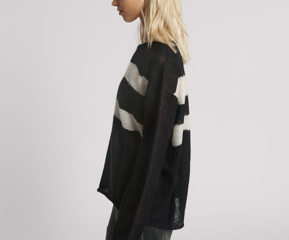 Vivianne Wide Neck Stripe Mohair Sweater - Black White