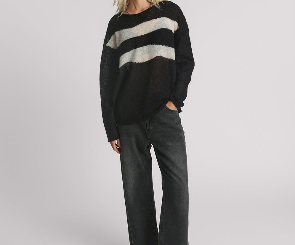 Vivianne Wide Neck Stripe Mohair Sweater - Black White