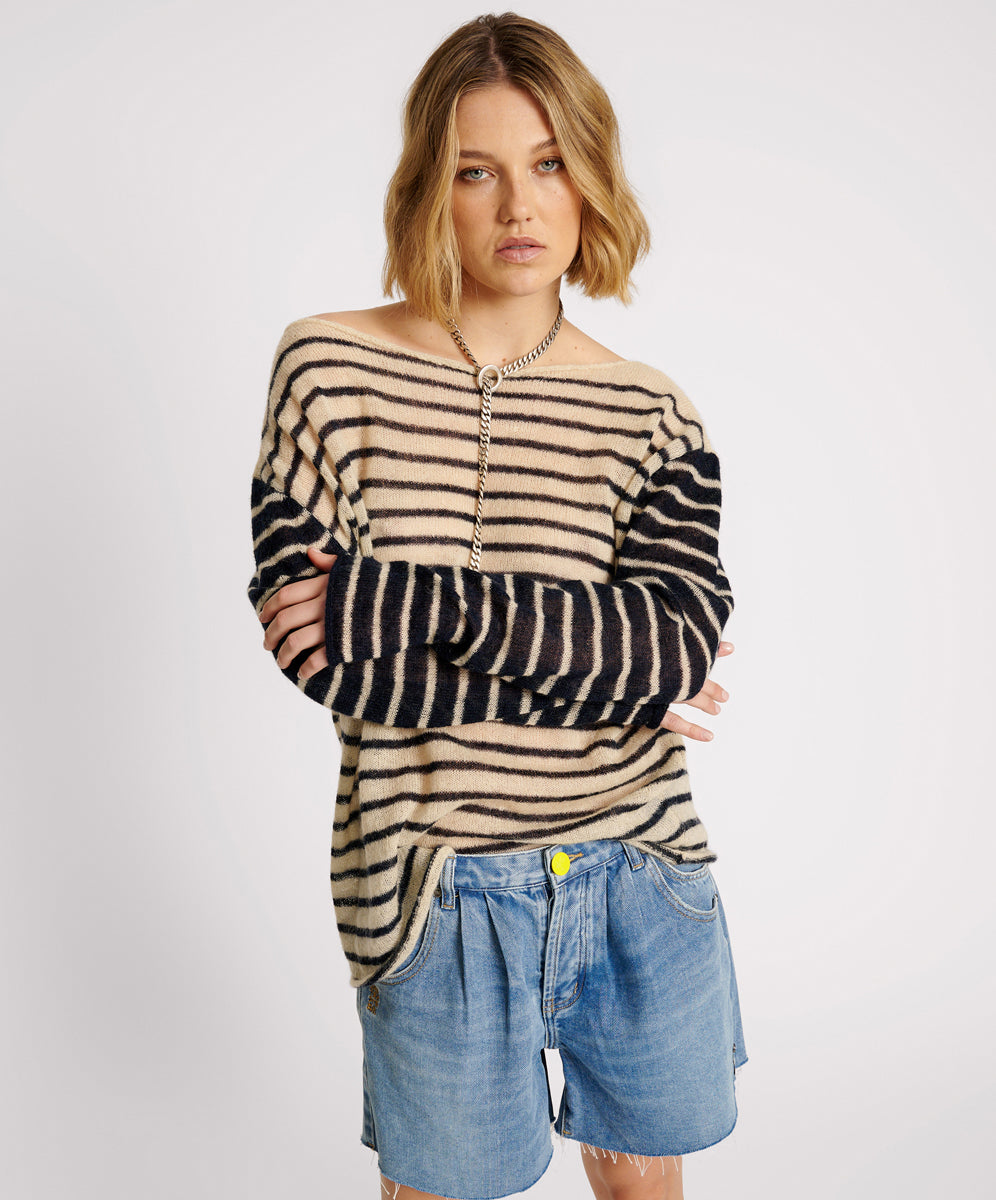 WIDE NECK STRIPED MOHAIR SWEATER