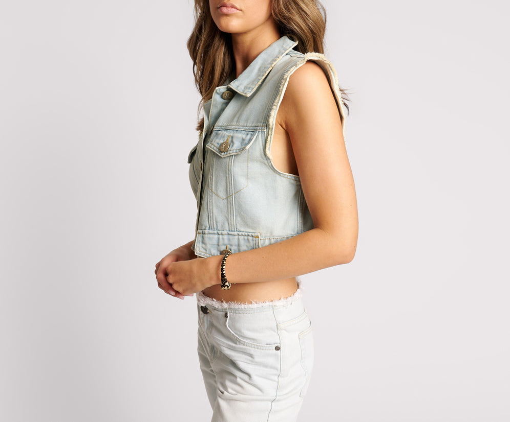 Cropped Trucker Denim  Top - Skyblue