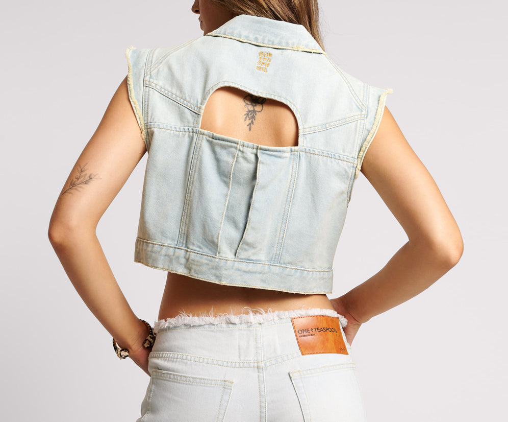 Cropped Trucker Denim  Top - Skyblue