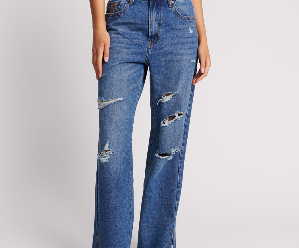 Billie Low Slung Straight Leg Mid Waist Denim Jeans - True Blue