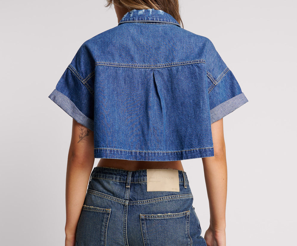 Western Cropped Denim Shirt - True Blue