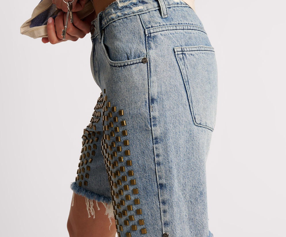 Jacksons Mid Waist Wide Leg Studded Denim Shorts - Salty Dog