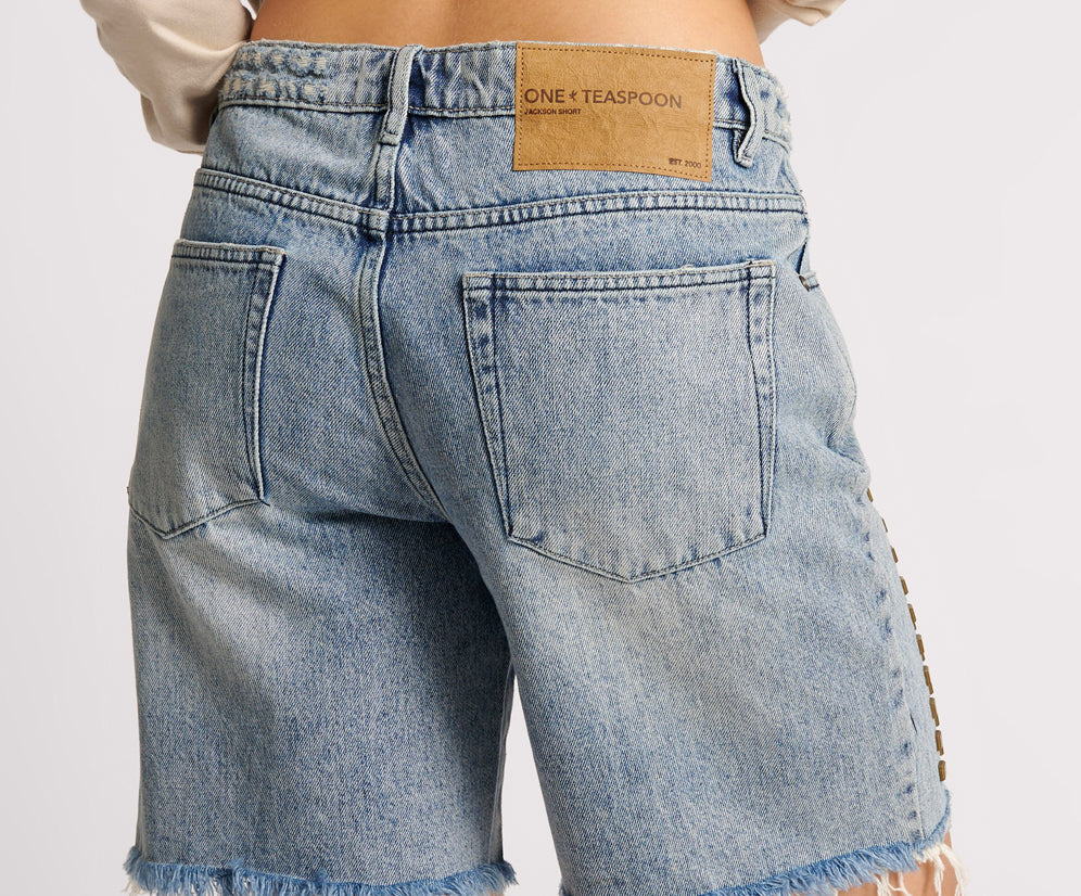 Jacksons Mid Waist Wide Leg Studded Denim Shorts - Salty Dog