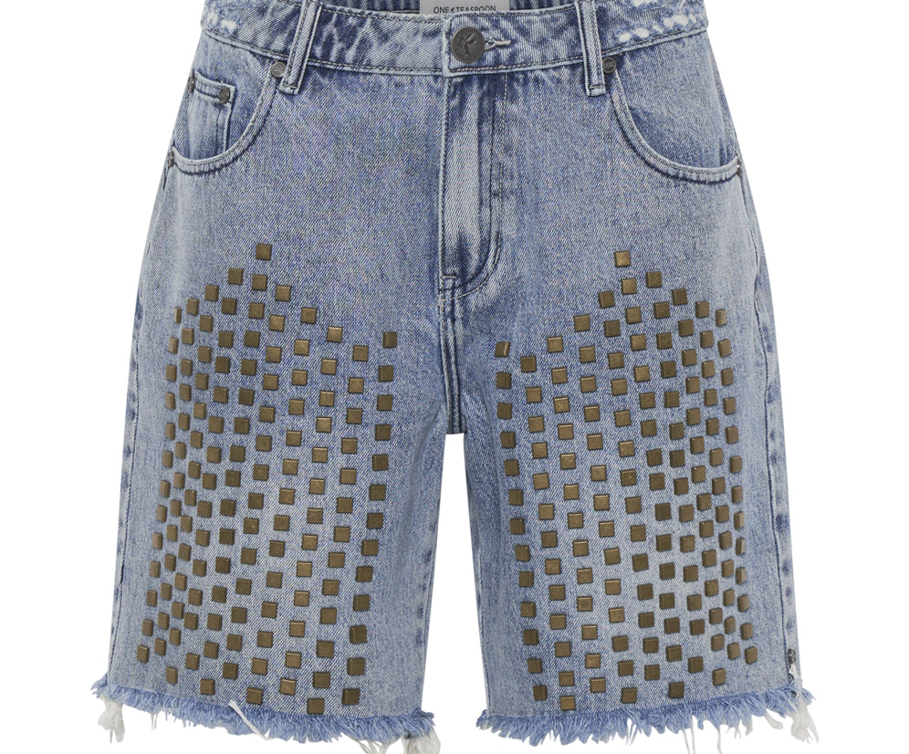 Jacksons Mid Waist Wide Leg Studded Denim Shorts - Salty Dog