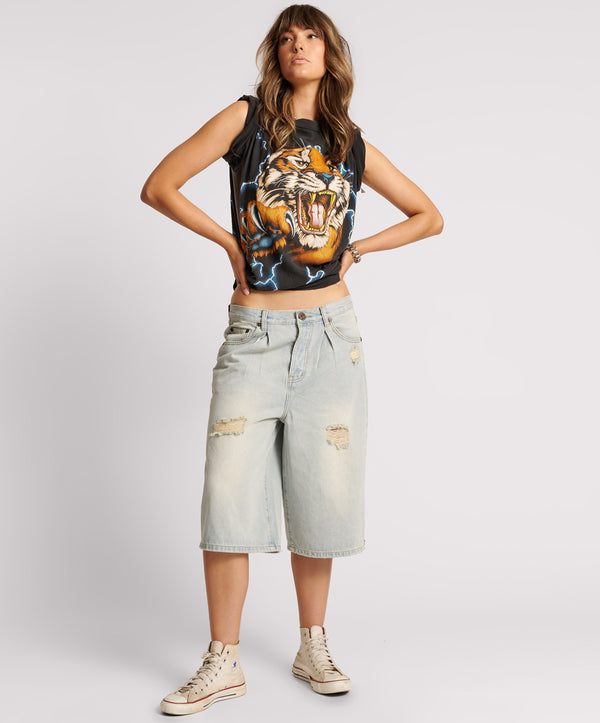 Beastie Low Waist Wide Leg Denim Shorts - Old West