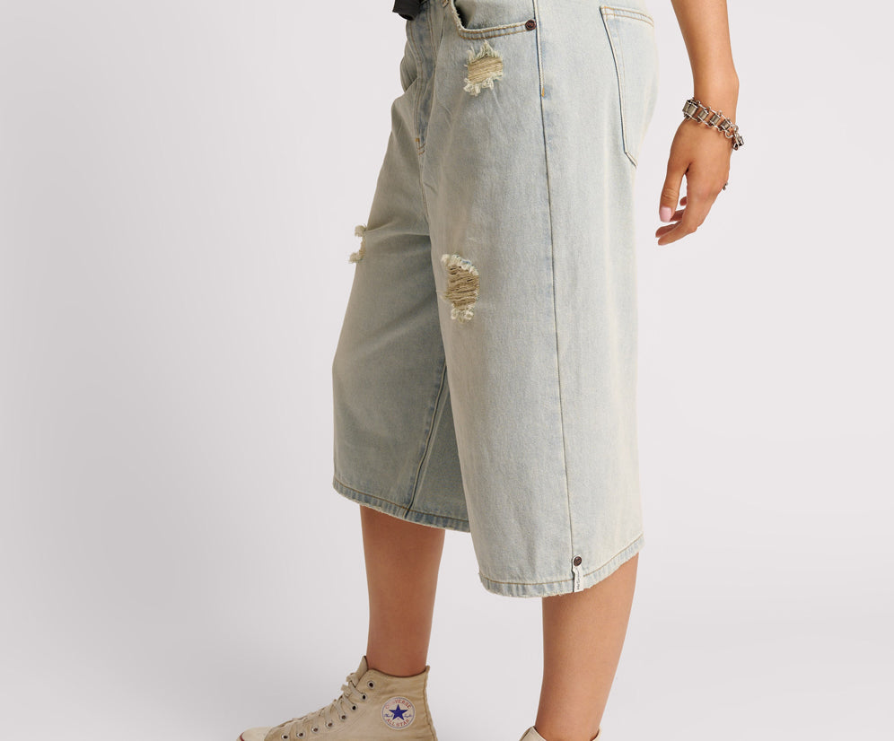 Beastie Low Waist Wide Leg Denim Shorts - Old West