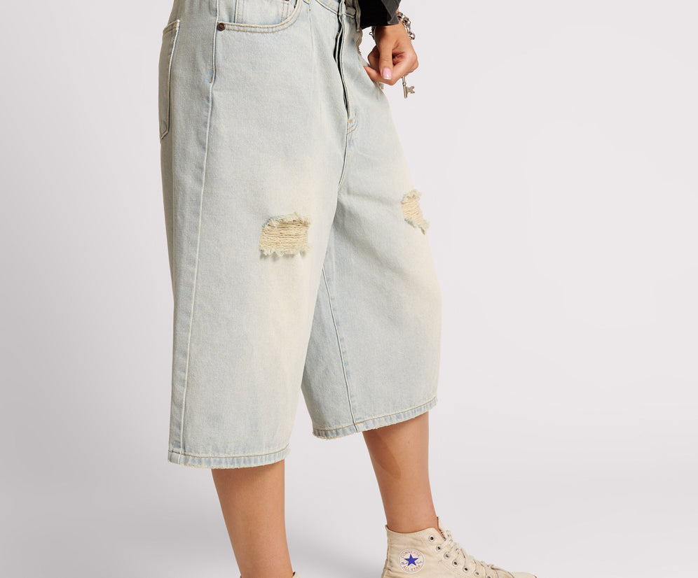 Beastie Low Waist Wide Leg Denim Shorts - Old West