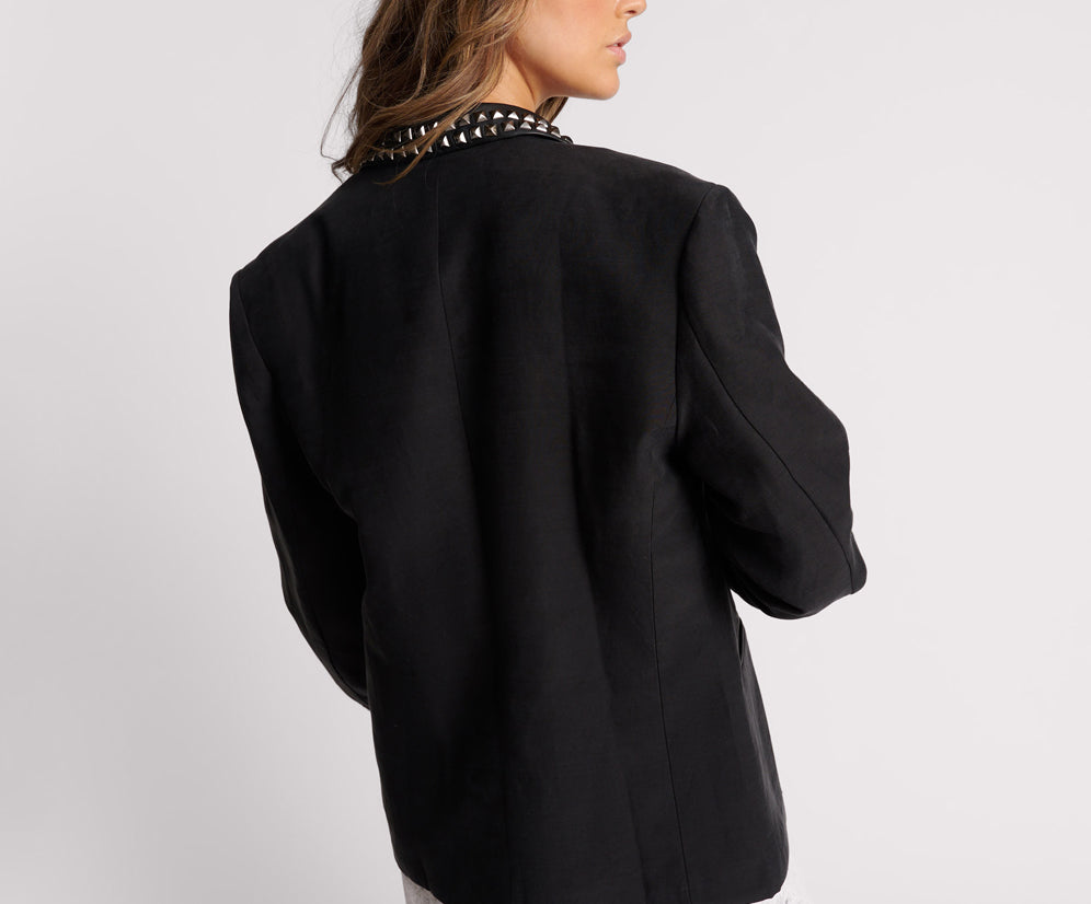 Punk Studded Linen Blazer - Black