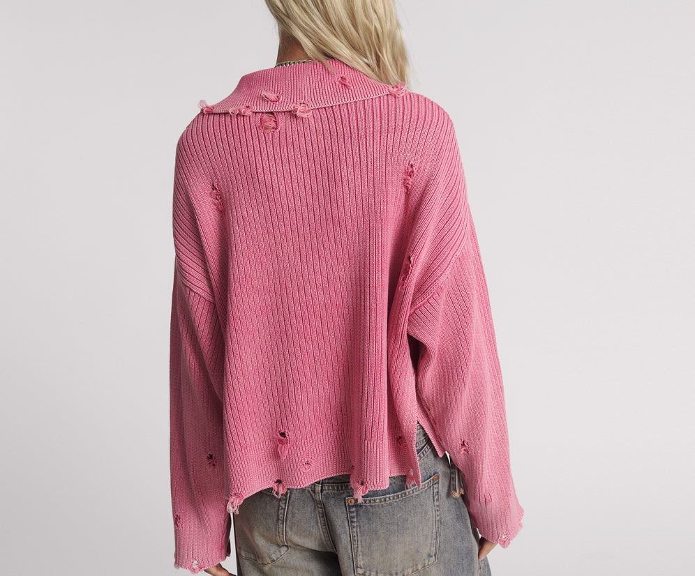 Rib College Pullover Sweater - Pink