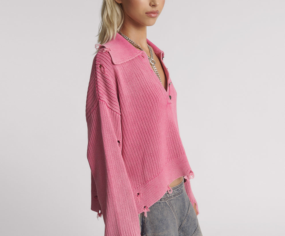 Rib College Pullover Sweater - Pink