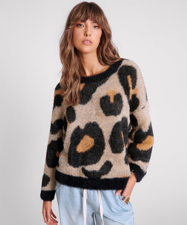 Fluffy Leopard Batwing Sweater - Tan