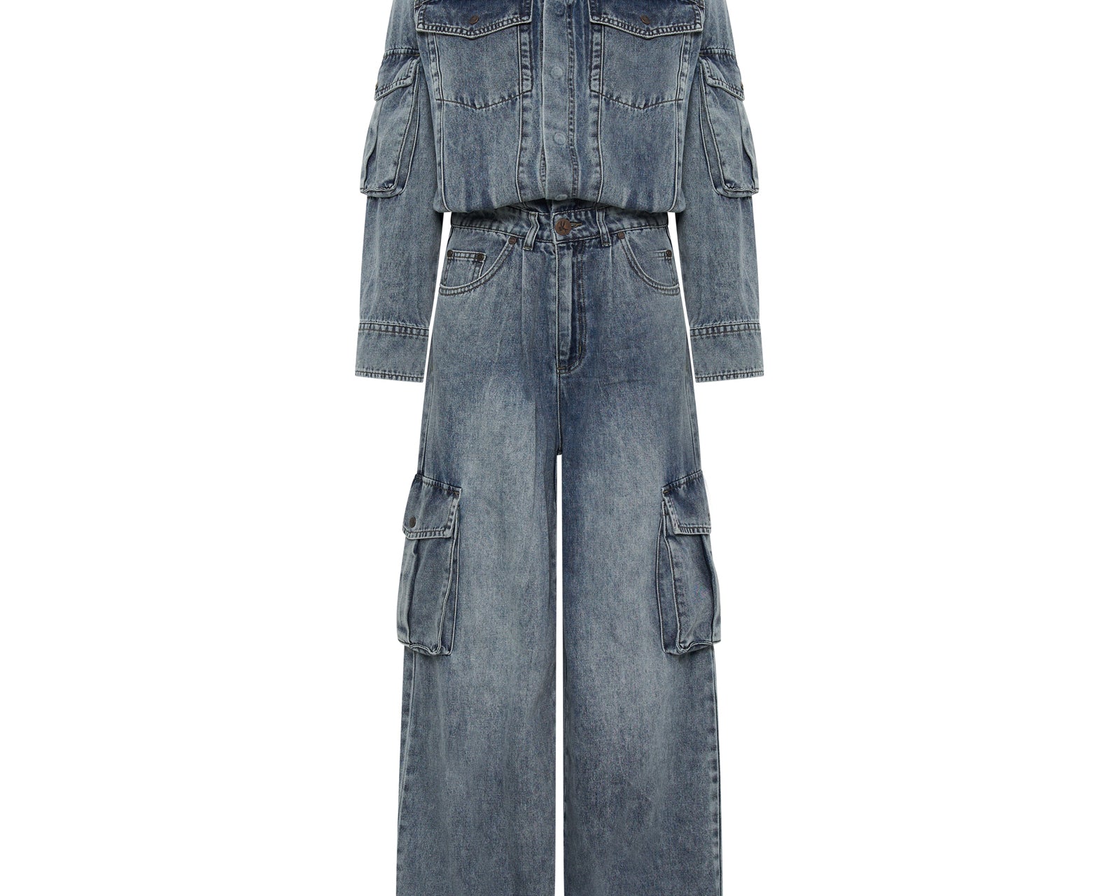 Cargo Trucker Denim Overalls - Blue Blossom